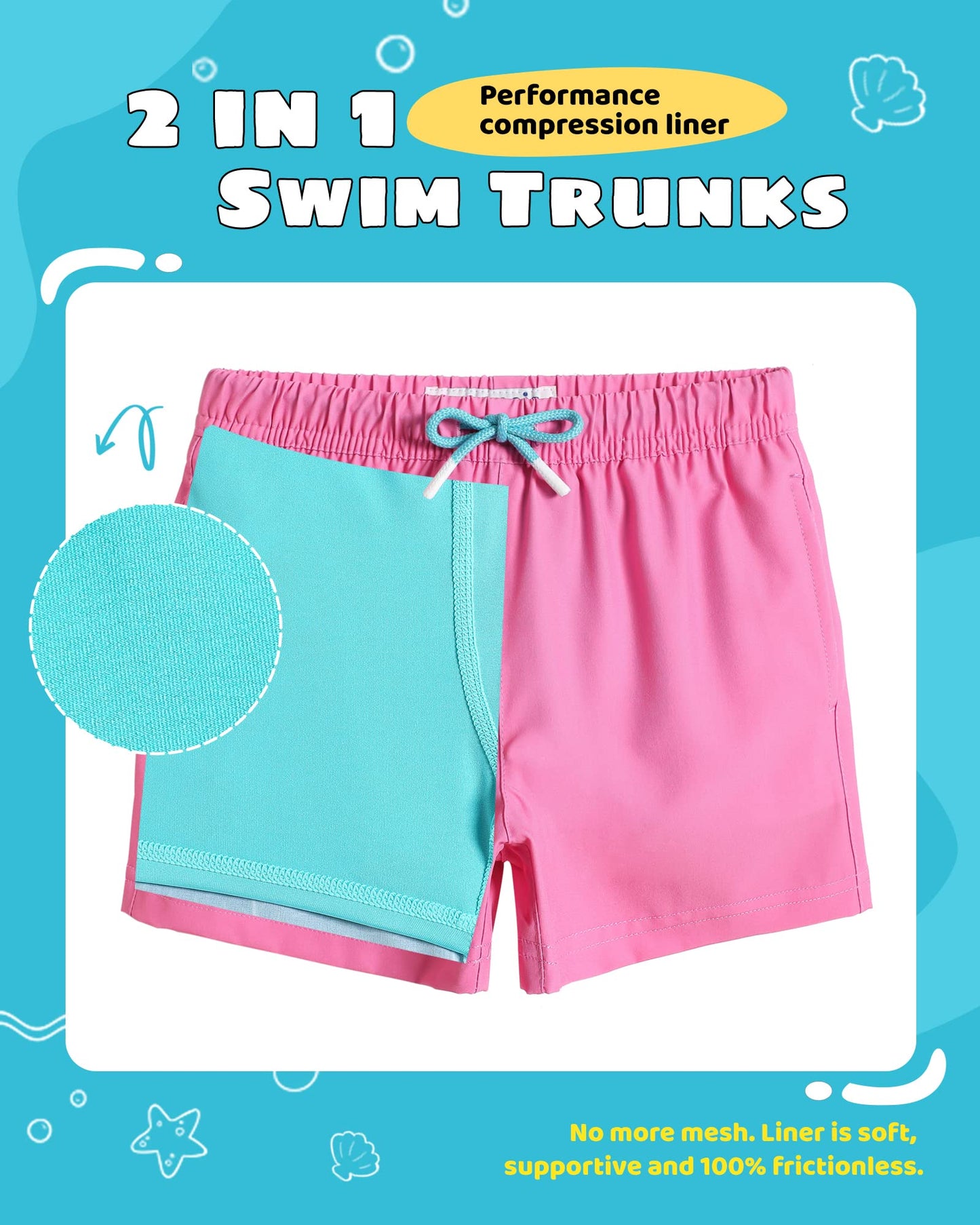 maamgic Boys Swim Trunks with Compression Liner Toddler Stretch Swim Shorts Quick Dry Swimming Trunks Boxer Brief 2 in 1 Beach Shorts Pink Lake Blue 14/16