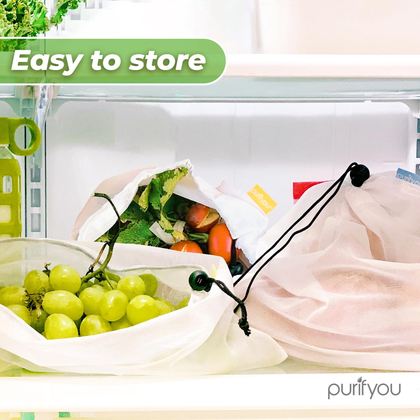 purifyou Set of 9 Reusable Produce Bags – Heavy Duty Washable Mesh Grocery Bags with Drawstring, Ideal for Farmers Market, Beach Storage, Refrigerator Use (Extra Large, Large, Small)