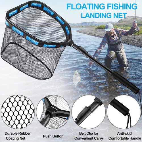 PLUSINNO Floating Fishing Net for Steelhead, Salmon, Fly, Kayak, Catfish, Bass, Trout Fishing, Rubber Coated Landing Net for Easy Catch & Release, Compact & Foldable for Easy Transportation & Storage