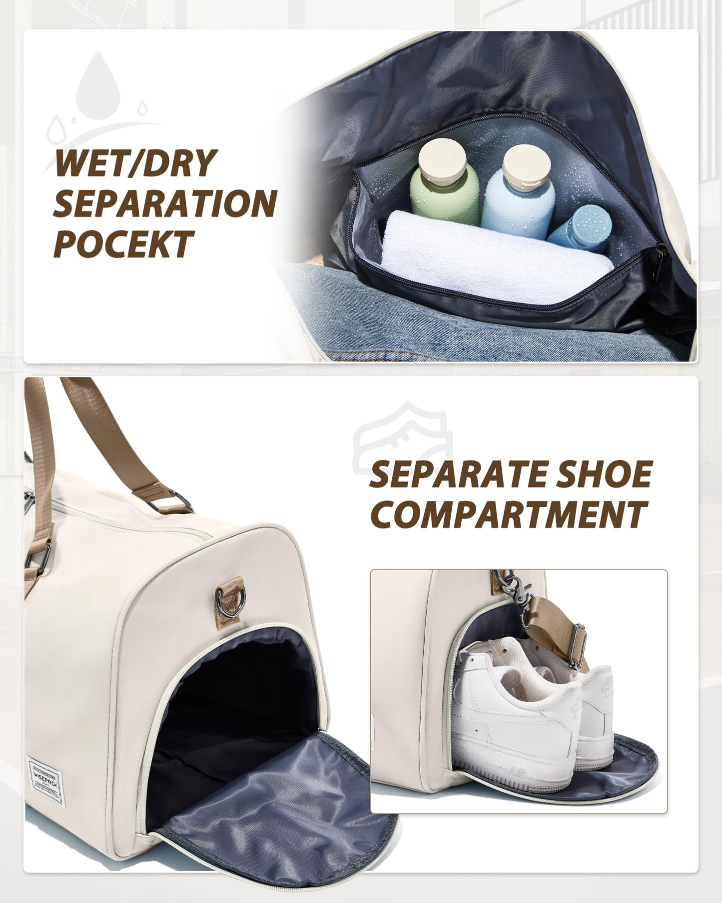 Travel Duffle Bag,Weekender Overnight Bags for Women with Shoes Compartment,Tote Gym Bag Personal Item Carry On Bag for Travel Business Trips Sport Hospital Dance Beige Brown