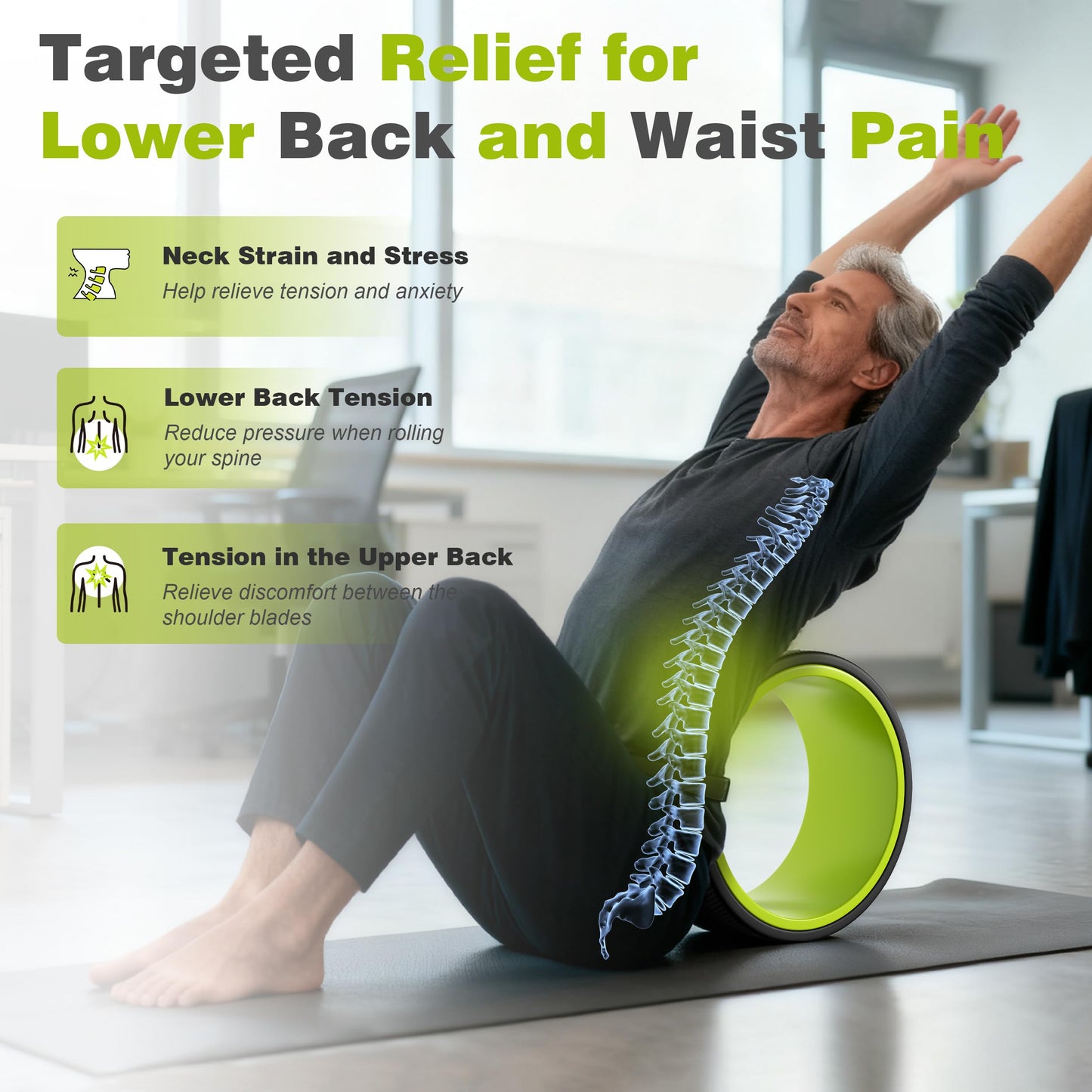 Back Roller Wheel - 4 Pack Yoga Foam Roller for Physical Therapy & Back Stretcher, Deep Tissue Massage for Pain Relief & Stretching | Green.
