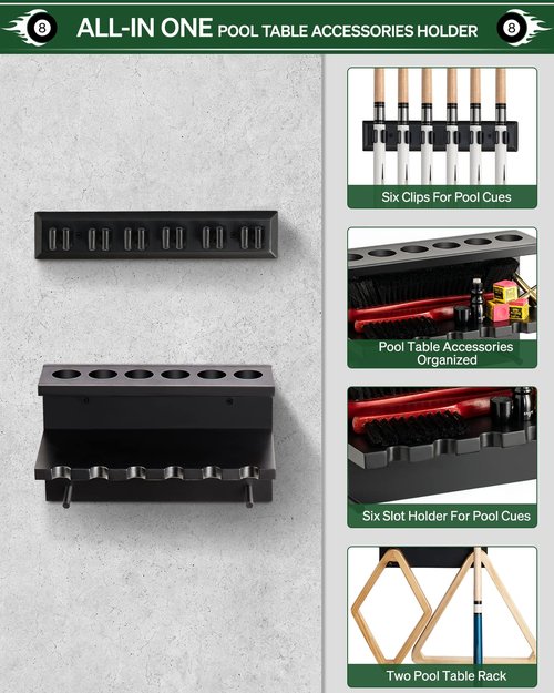 EXTCCT Wall Mount Pool Stick Holder - Billiards Pool Cue Rack Hardwood Pool Cue Set Holder for 6 Cues Sticks Storage Pool Table Accessories Equipment Organizer