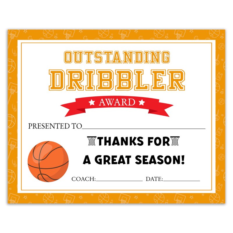Certificate of Award, 25 Pcs Sports Achievement Certificates for Kids Students, Outstanding Dribbler Awards, Basketball Certificate Favors & Supplies -08