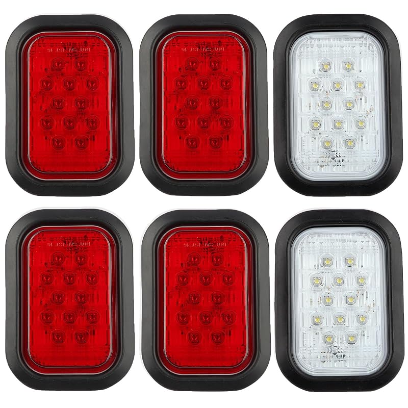 6Pcs 5x3 Inch Rectangle LED Tail Lights — Stop/Turn/Tail and White Backup Lights
