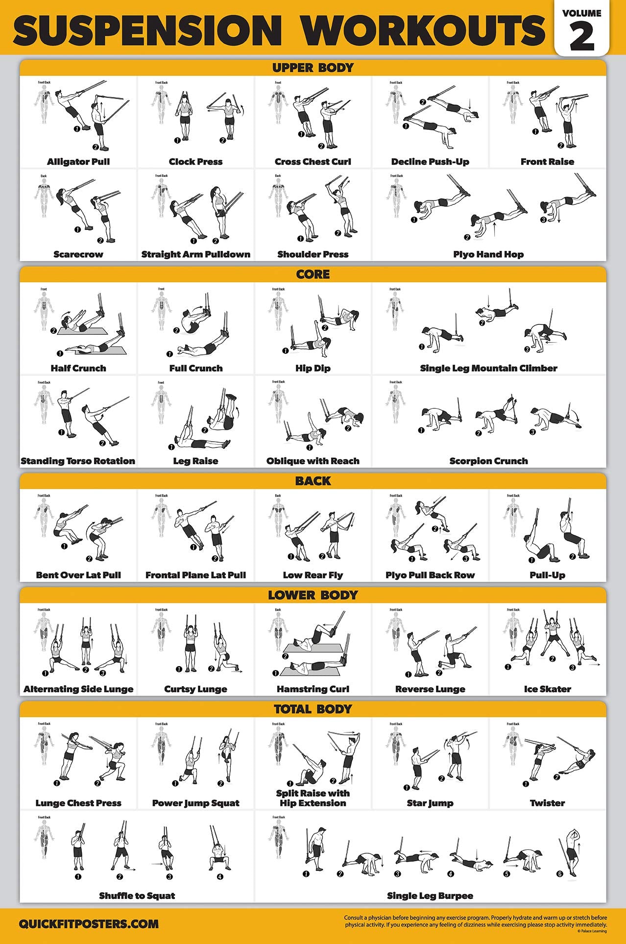 16 Pack - Exercise Workout Poster Set: Dumbbell , Suspension , Kettlebell , Bands , Medicine Ball , Battle Rope , Stretching , Bodyweight , Barbell , Yoga , Exercise Ball (PAPER - NOT LAMINATED , 18" x 24" )