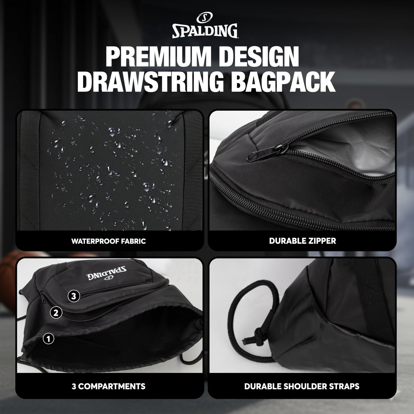 Spalding Drawstring Backpack Sports Bag, Black Waterproof Gym Bag Cinch Sack with Separate Shoe and Ball Holder, for Travel, Basketball, Sports, 4 Pack