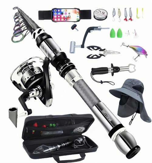 BNTTEAM Portable Fishing Spinning Rod and Reel Combo Set Carbon Fiber Fluorescent Rod Tip, with Fishing Lures Line Carrier Bag Kits for Travel Surf Saltwater Freshwater (Sliver, 2.1M/82.6in/6.88ft)