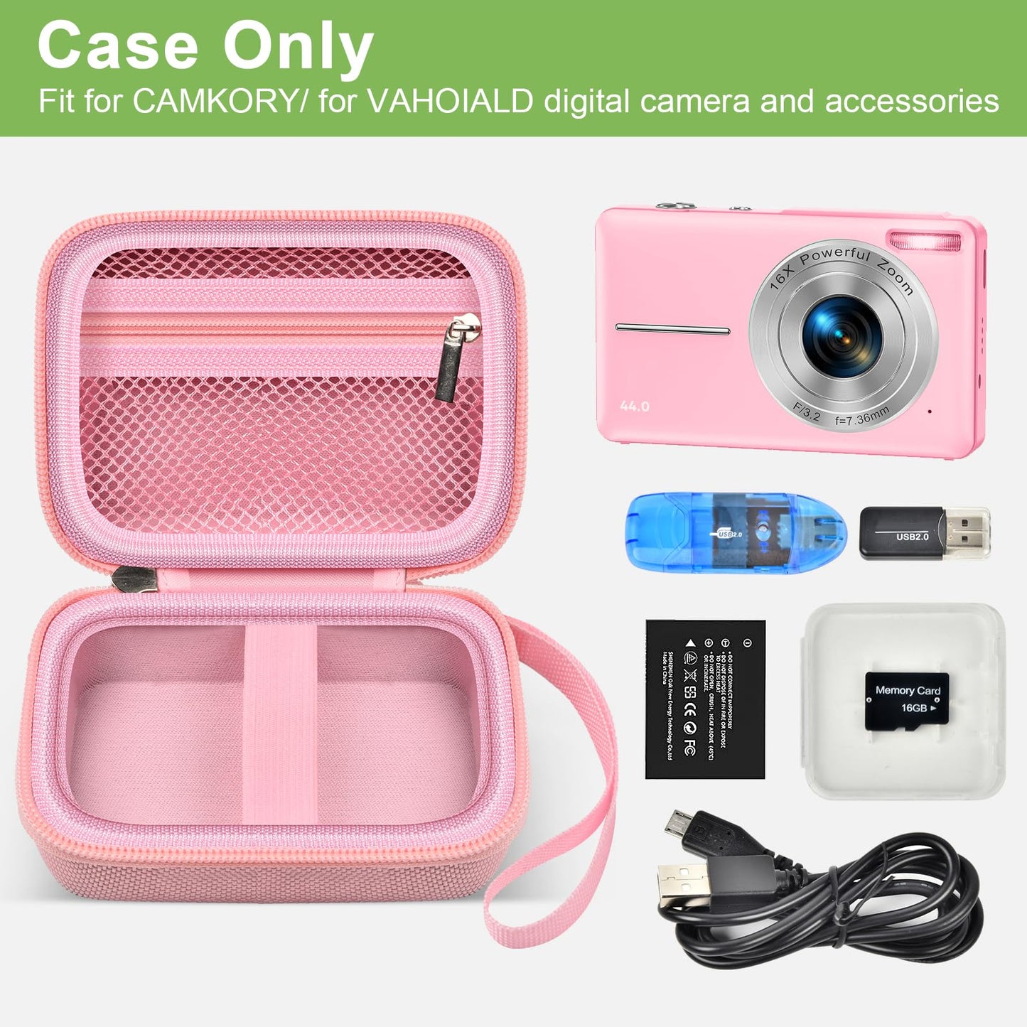 ALKOO Case Compatible with CAMKORY Digital Camera/for VAHOIALD FHD 1080P Digital Point and Shoot/for Kodak PIXPRO FZ55/ FZ45 16MP Vlogging/for IWEUKJLO, Holder for SD Card More- Pink (Box Only)