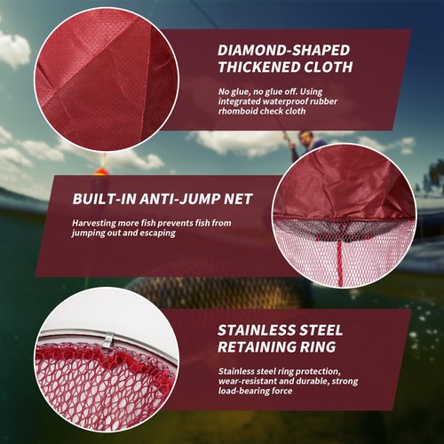 MATUFF Portable Foldable Fish Basket, Fishing Net Cage for Live Fish, Metal Rustproof Ring Drop Net with Anchor Bolt Robust for Saltwater Freshwater Pier Fishing Baskets Net, 13 in x 6.5 FT Burgundy