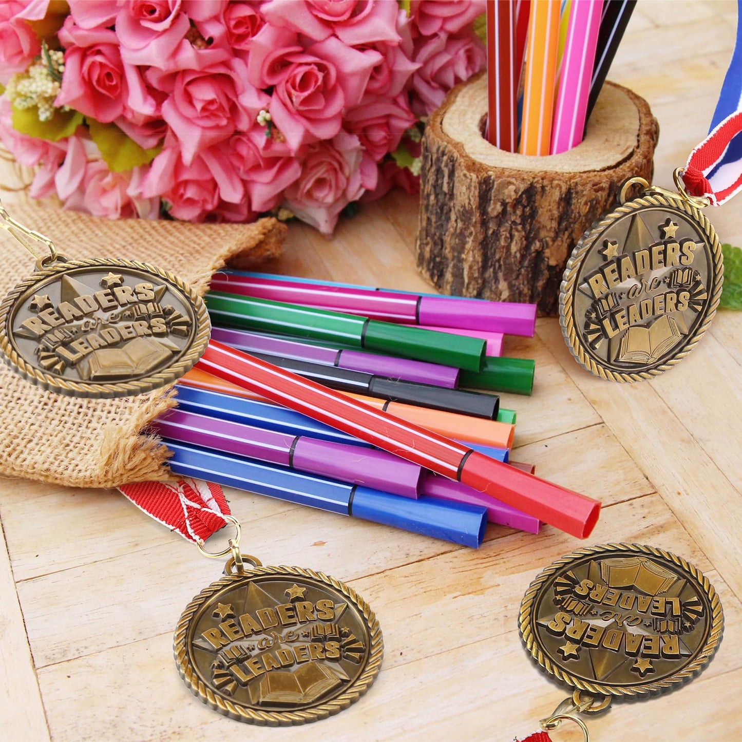 Loetere 30 Pcs Gold Award Medals Bulk 2 Inch Readers are Leaders Award Reading Medals Trophy Gift Prizes with Neck Ribbons for Scholastic Competitions Book Lovers
