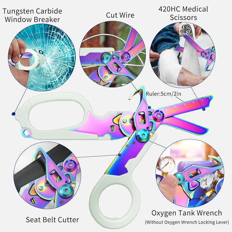 6-in-1 Trauma Shears with Strap Cutter and Glass Breaker + Luminous Holster - LEEPENK (Variation: Luminous Colorful)