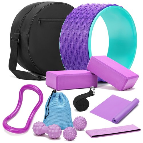 THYWD Yoga Wheel Set, Wheel Foam Roller with Back Cracker Roller for Pain Relief & Deep Tissue Massage and Stretching 500lbs Capacity, Trigger Point Therapy Massage Ball, Yoga Blocks 2 Pack with Strap