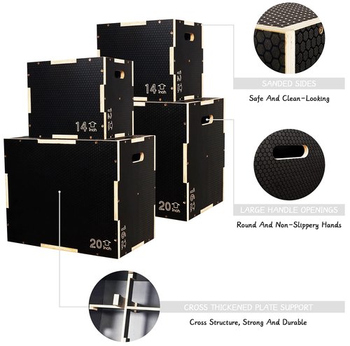Fitvids 3 in 1 Non-Slip Wooden Plyo Box Plyometric Box Jumping Exercise, 16 x 20 x 24 Inches, Black