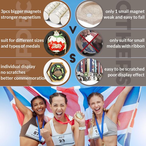 JupDec Medal Hanger Display Honeycomb Wooden Hexagon for Wall, with Strong Magnets & Black Round Iron Medal Holder for Sports Marathon Gymnastics, 7 Pack
