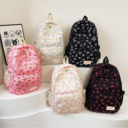 Pink Bow Backpack for Girls, 2025 Trendy Nylon Rucksack Cute Kawaii Preppy Backpack 3 Pcs Set With Bow Pattern (Pink)