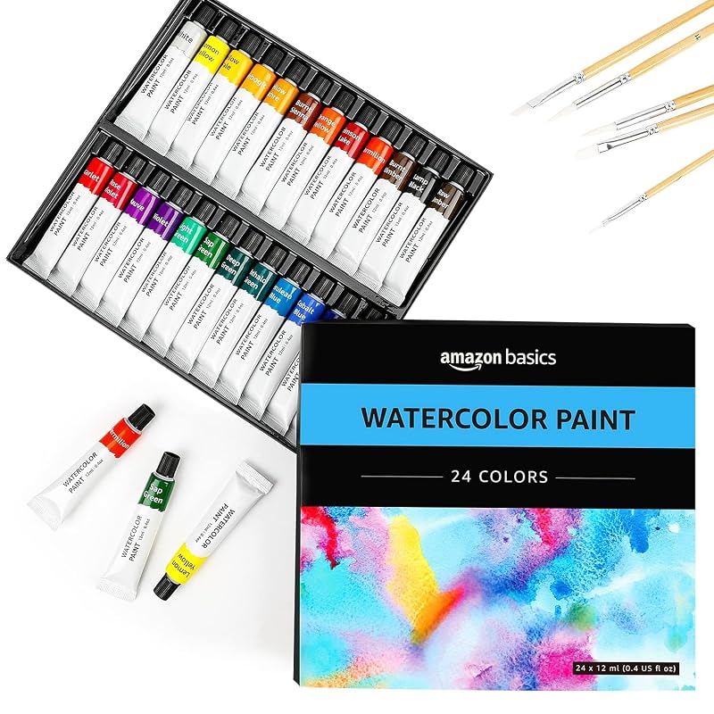 Amazon Basics Vibrant Watercolor Paint Set Tubes - 24 Colors, 0.4oz Each, Easy to Mix