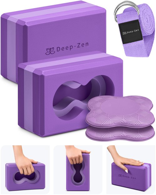 Deep-Zen® Yoga Blocks Wrist Support; Yoga Blocks 2 Pack with Knee Pads and Strap to Put Less Weight on Wrists; Durable, Versatile Yoga Brick Exercise Block Set, Blocks Yoga (Purple)