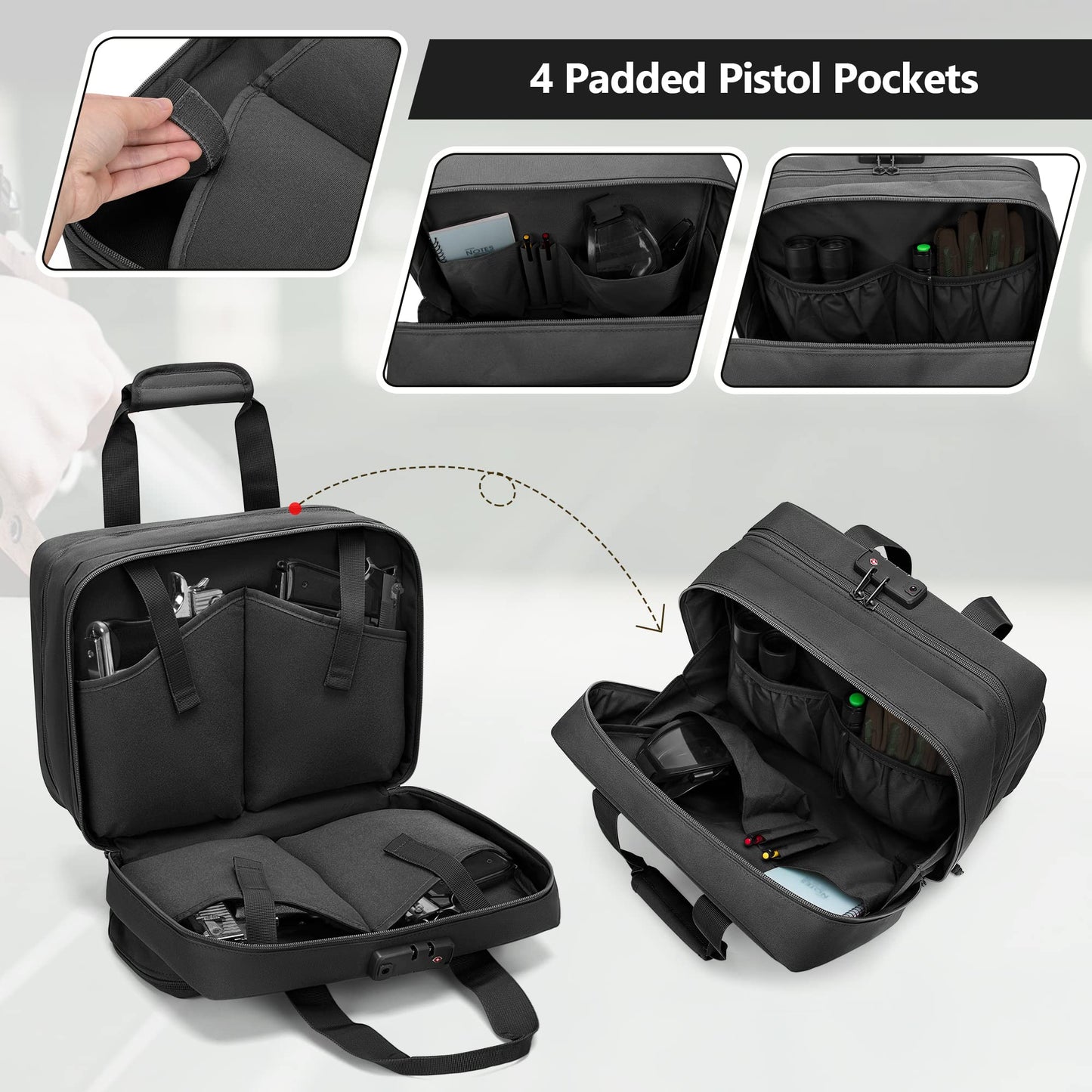 GOBUROS Tactical Gun Range Bag for 4 Handguns and Ammo, Pistol Duffle Bag with TSA Lock and 14x Magazine Slots for Hunting Shooting Range Sport