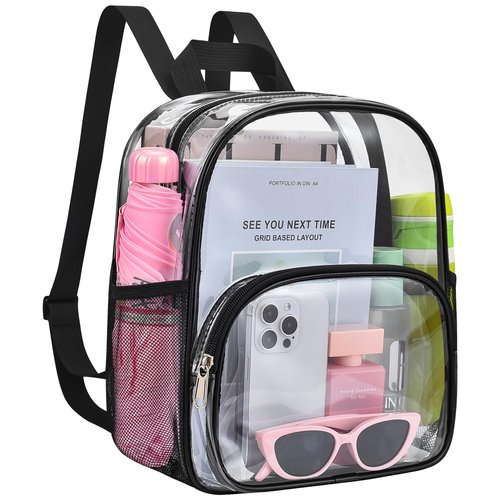 Clear Backpack for Stadium Events Clear Backpack 12x12x6 with Front Pocket for Sport Fashion Events Work Travel-Black