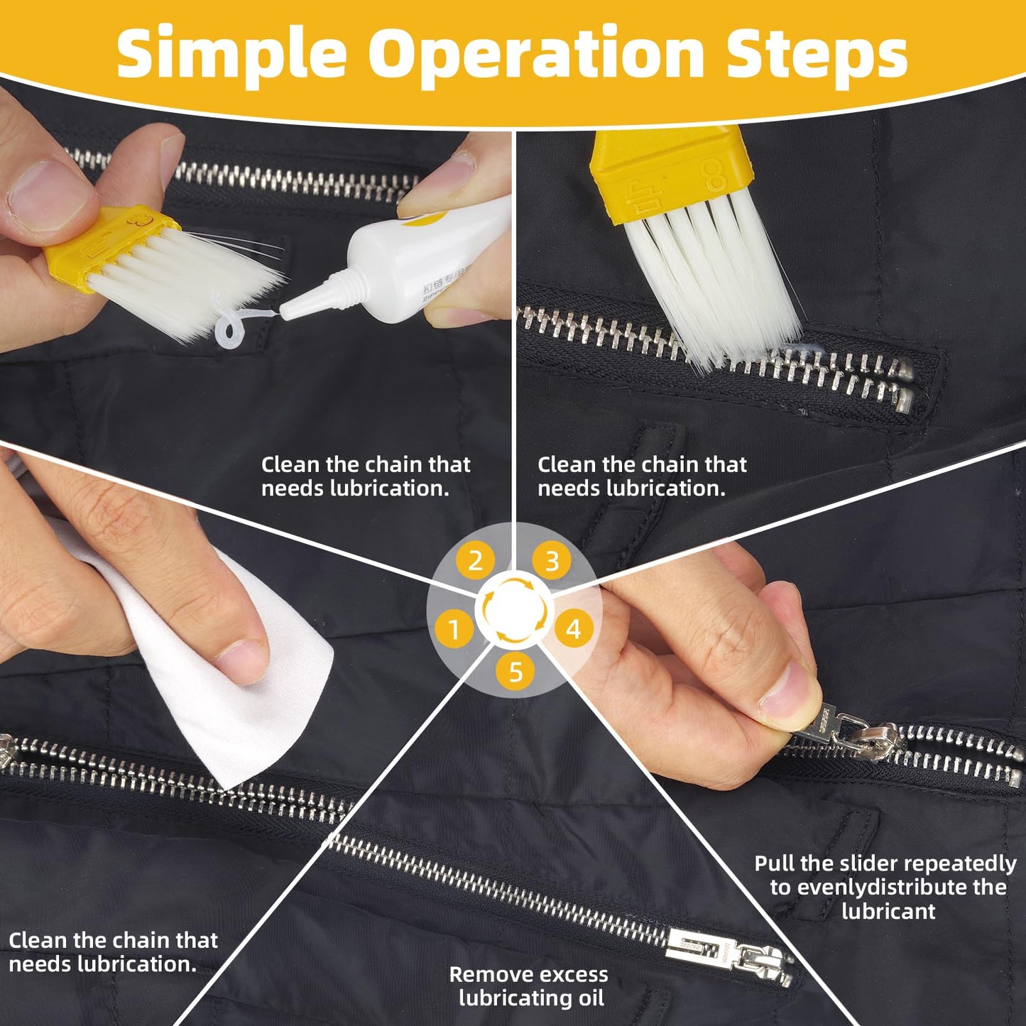 Zipper Lubricant 5 Pack with 2 Brushes – Clear Waterproof Zipper Grease for Metal & Plastic Zippers, Ideal for Wetsuits, Tents, Backpacks, Jackets & Outdoor Gear