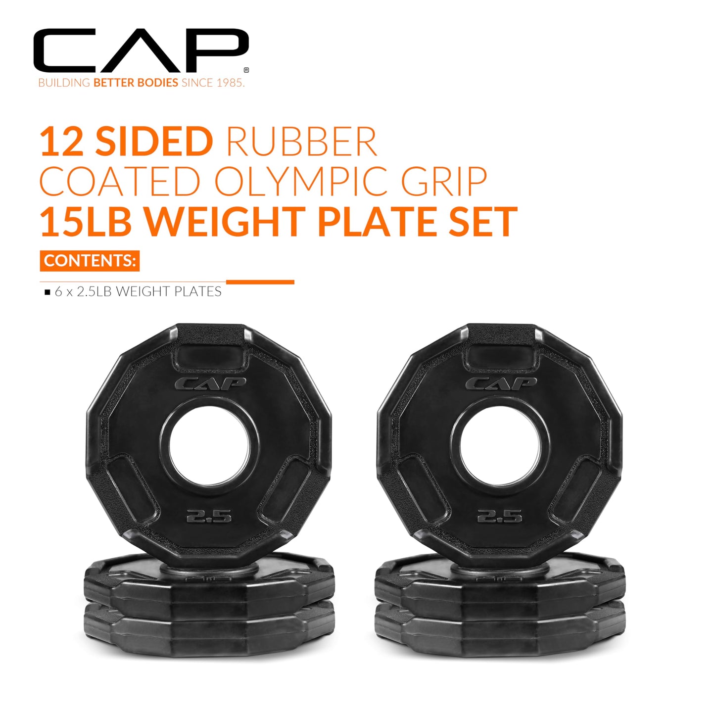 CAP Barbell 5 Lb 12-Sided Rubber Coated Olympic Weightlifting Grip Plate – SET (5 lb x 4)