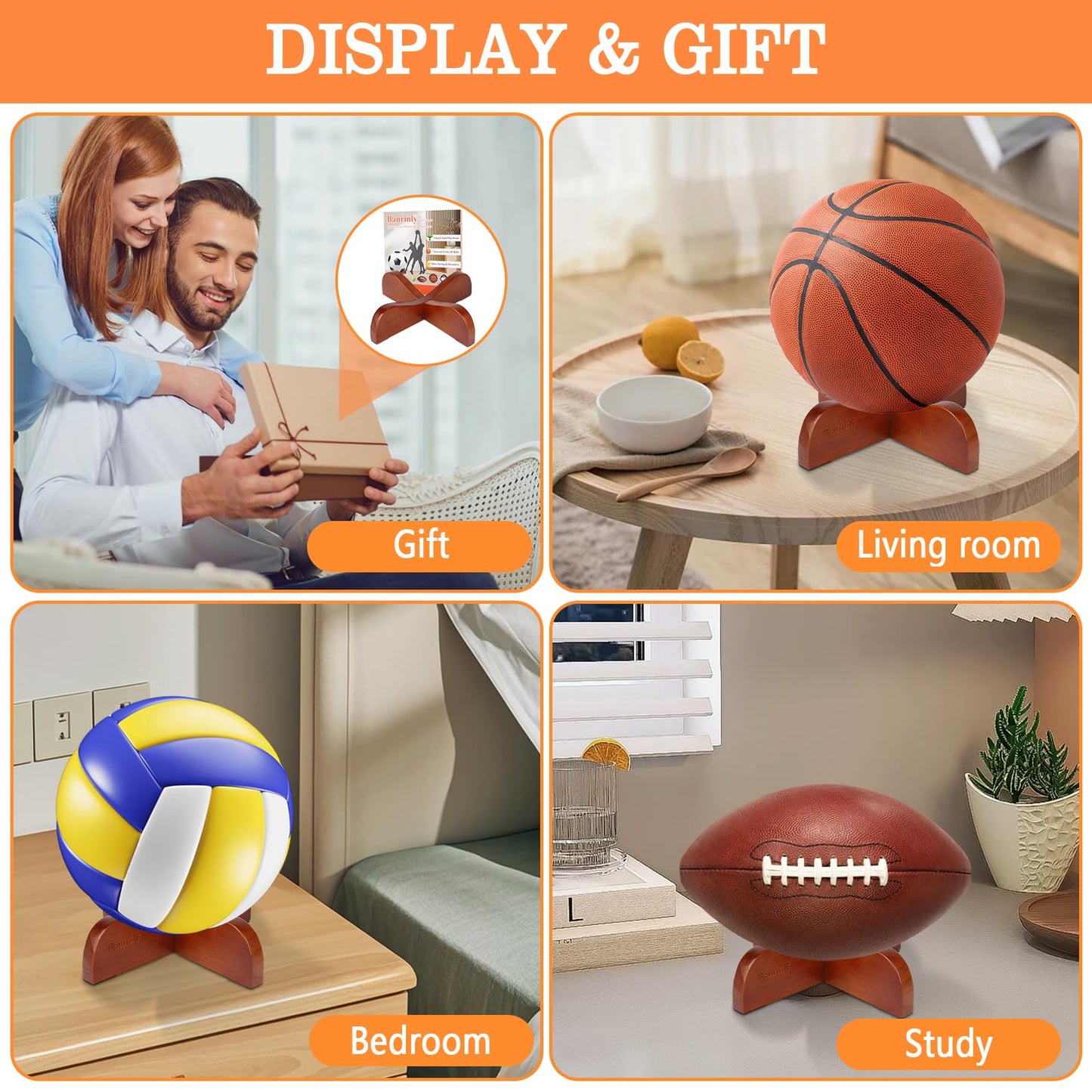 Banrinly 2-Pack Wooden Ball Display Stand - Solid Wood Sports Ball Holder for Football, Basketball, Rugby, Soccer, Volleyball Memorabilia - Premium Ball Display Case Base