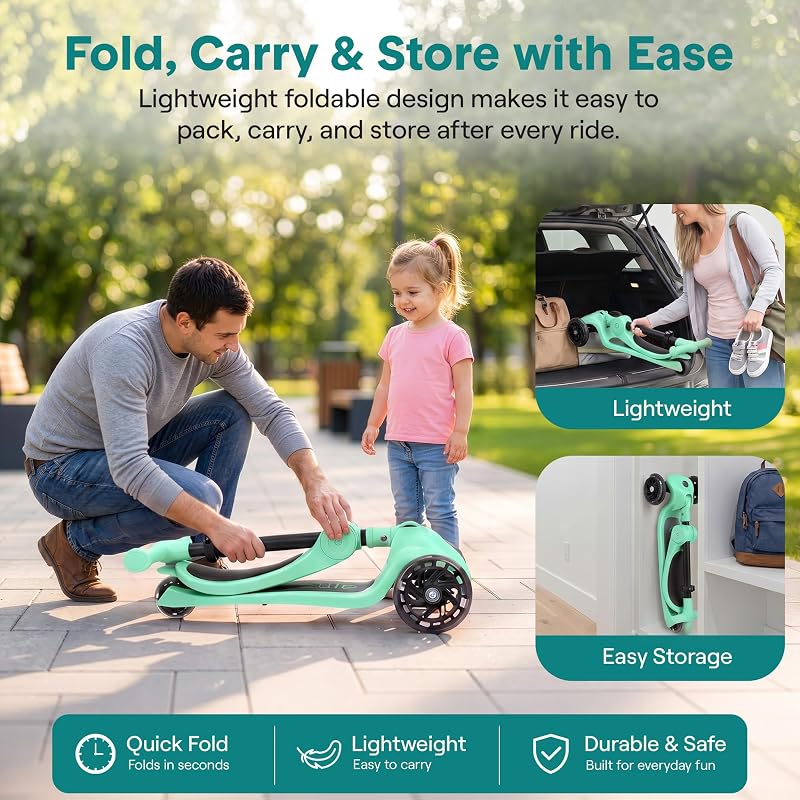 SereneLife 3-Wheel Kids Scooter with Seat, LED Wheels – Mint Green