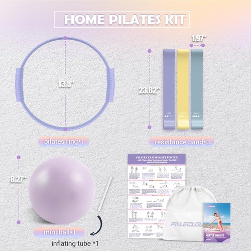 Pilates Essentials Kit for Women, 13.5" Pilates Ring and Ball Set with Resistance Bands for Home Workouts, Portable Pilates Kit with Bag & Training Poster for Full Body Exercise (Purple)