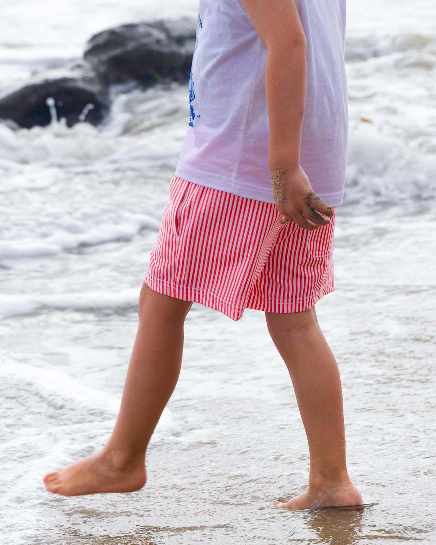 maamgic Boys Swim Trunks with Compression Liner Toddler Stretch Swim Shorts Quick Dry Swimming Trunks Boxer Brief 2 in 1 Beach Shorts Red Stripe 2T