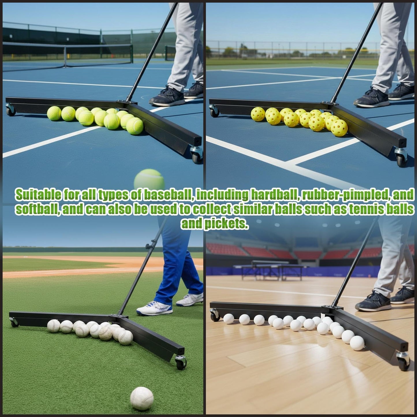 Motionchic 1 Set Heavy Duty Baseball Ball Picker, 45" Wide Roller Adjustable Handle (24"-42") 5kg Steel Frame with Smooth Casters for Grass Turf Clay, Indoor, Efficient Baseball Softball Collection