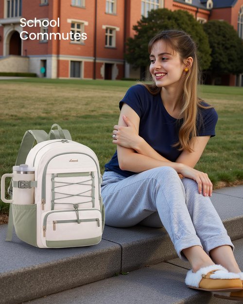 LOVEVOOK School Backpack for Teen Girls, Large Capacity College Student Backpacks with Water Bottle Holder, Cute Laptop Backpack Purse for Women, Lightweight Casual Travel Backpack, Beige-green