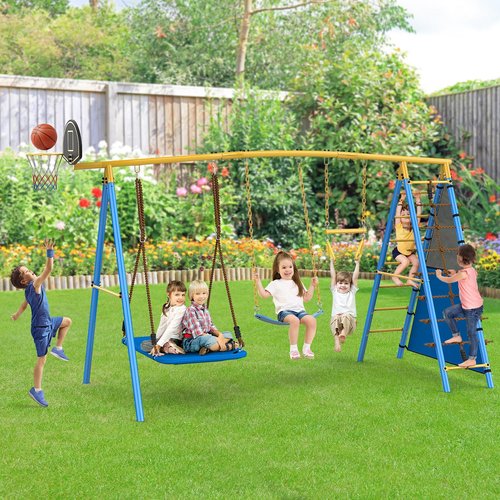 Stebovol 7 in 1 Backyard Swing Set 660lbs - Kid Outdoor Playground with Trapeze Bar, Platform Swing, Belt Swing, Climbing Rope & Ladder, Basketball Hoop, Soccer Goal for 3-8 Years Old