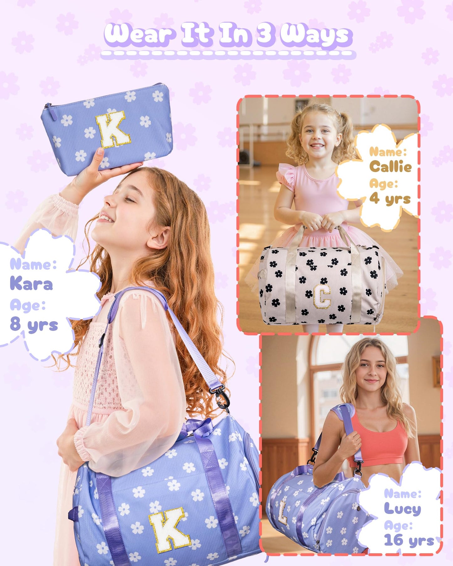 Vogewood Holiday Gift for Toddler, Girls Gym Bag, Kids Personalized Dance Bags with Shoe Compartment, Customized Travel Duffle with Toiletry Bag, Teen Girl Gifts Trendy Stuff (Letter I)