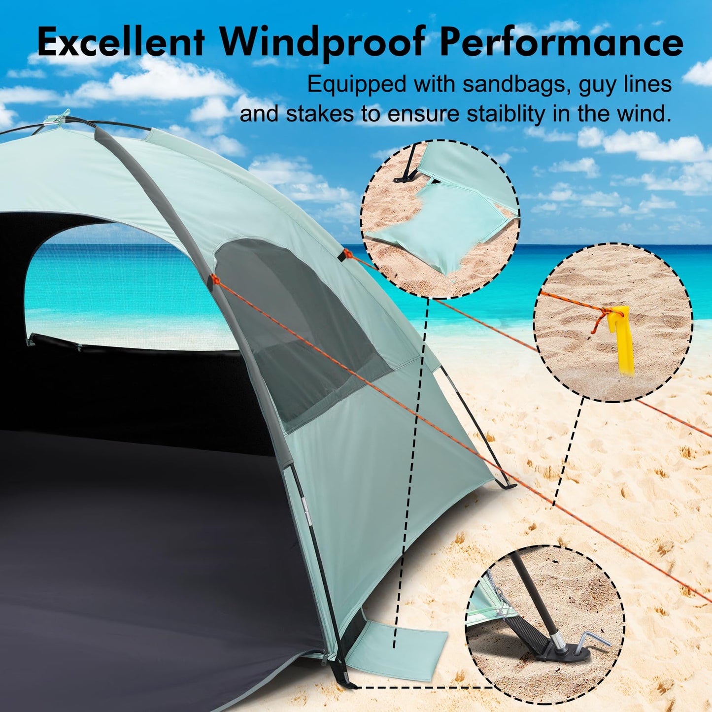 WhiteFang Beach Tent Anti-UV Portable Sun Shade Shelter for 3 Person with Blackout Shelter, Extendable Floor with 3 Ventilating Mesh Windows Plus Carrying Bag, Stakes and Guy Lines (Mint Green)