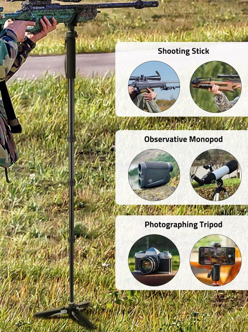 Trakiom Shooting Stick Rifle Monopod with 360° Rotatable V Yoke Rest, Hunting Rifle Tripod with Tri-Stand Base Gun Stick for Shooting and Hunting, Black