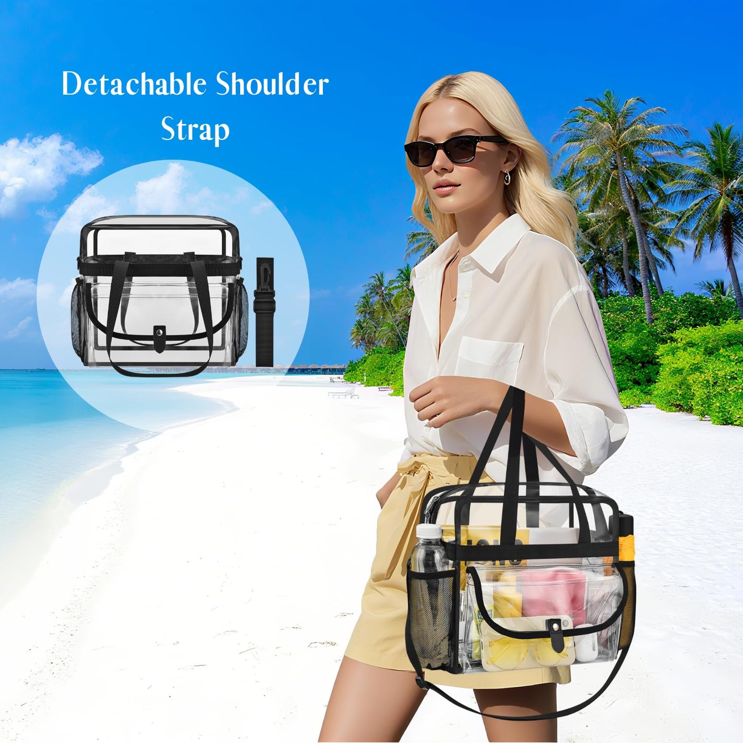Higuyst Clear Tote Bag 12x12x6 for Sports Events & Concerts,Transparent Stadium Bag with Adjustable Strap, Mesh Pockets (Black)