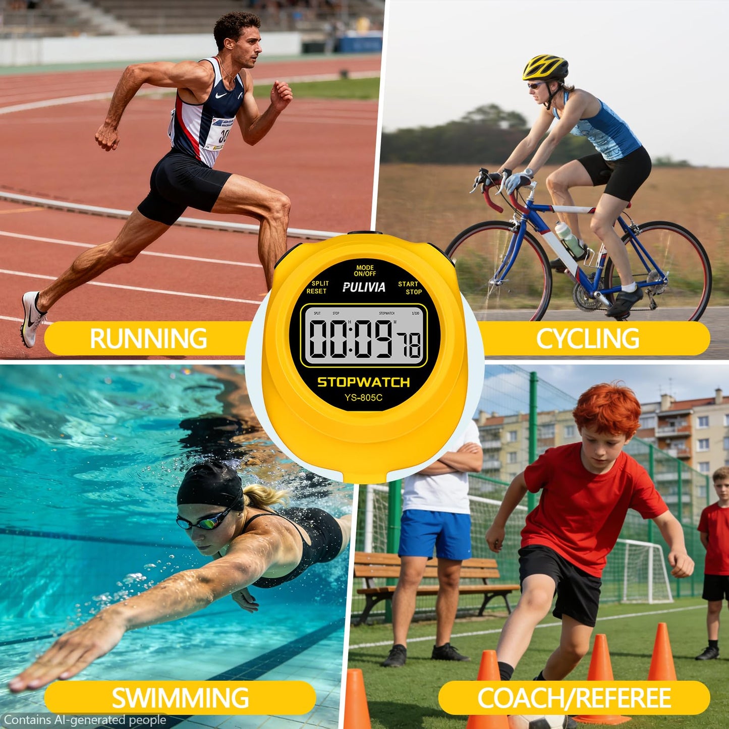PULIVIA Stopwatch Timer with Countdown, Simple Operation Digital Stop Watch for Sports, Countdown-Alarm Button-Sound, AAA Battery Included (Yellow)