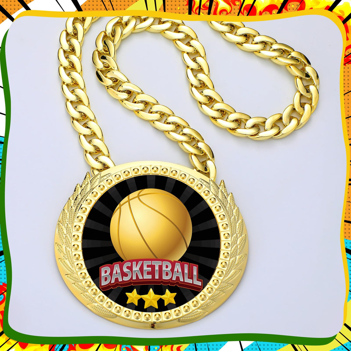 Tondiamo Sports MVP Turnover Chain Medal 6" Big Gold Champ Award Necklace Chain Baseball Basketball Football Soccer Softball Volleyball Sports Competitions Prize Gifts and Party Favors(Basketball)
