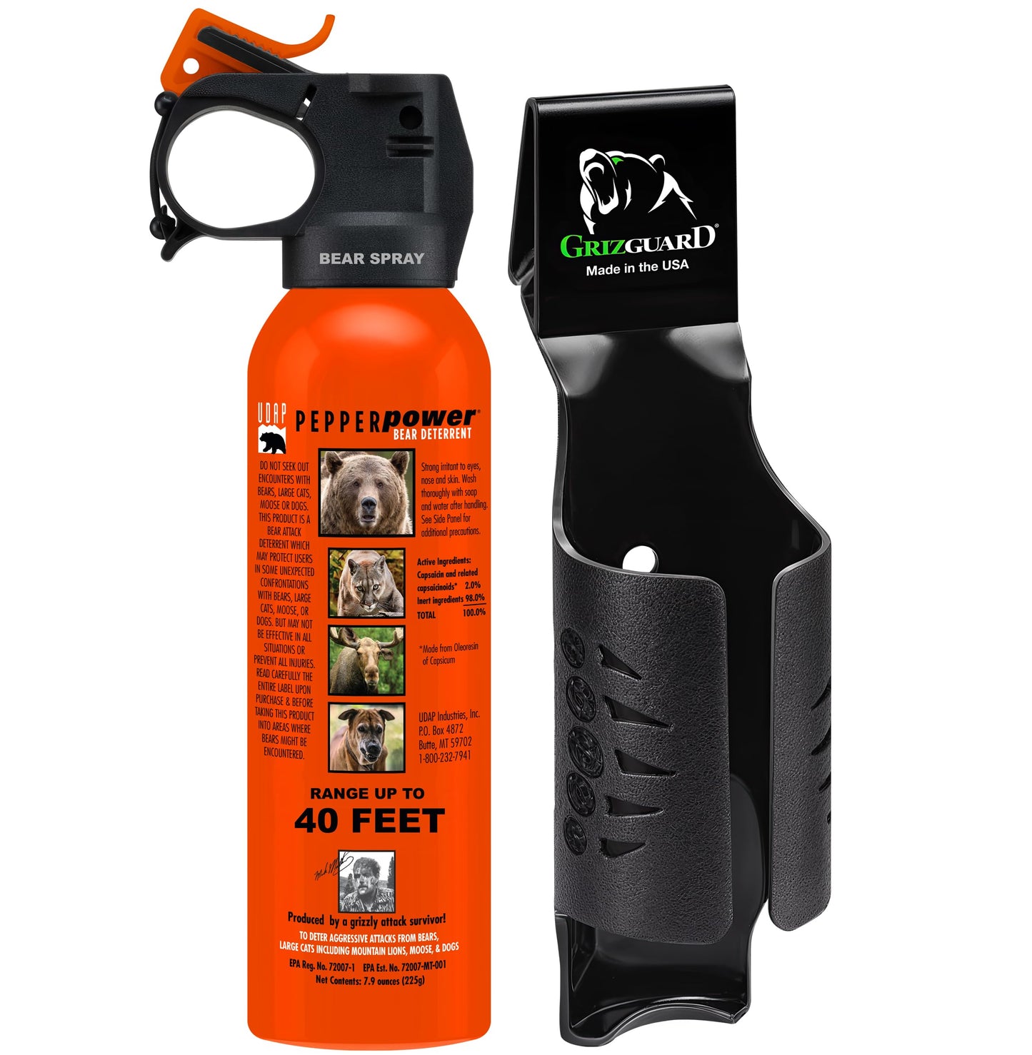 UDAP SOG Pepper Power Bear, Mountain Lion, Dog, Coyote, & Moose Spray Self Defense Deterrent with Griz Guard Holster for Camping, Hiking, Fishing, Powerful Blast, 40 ft Fog Barrier, Safety 7.9 oz