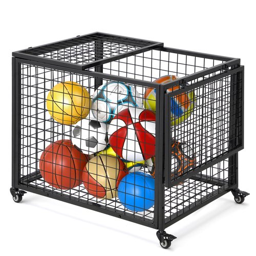 AECOJOY Ball Cart Storage, Large Rolling Basketball Bin with Wheels for Garage, School, Gym, Sports Equipment and Toy Organizer, Indoor & Outdoor