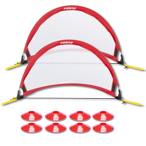Poray Soccer Goal for Kid Easy-up Set of Two Portable Soccer Net 210D Oxford with 8 Field Marker Cones Extra Stakes Fun for Backyard and Soccer Training (2.5FT Long Red Goal Set)