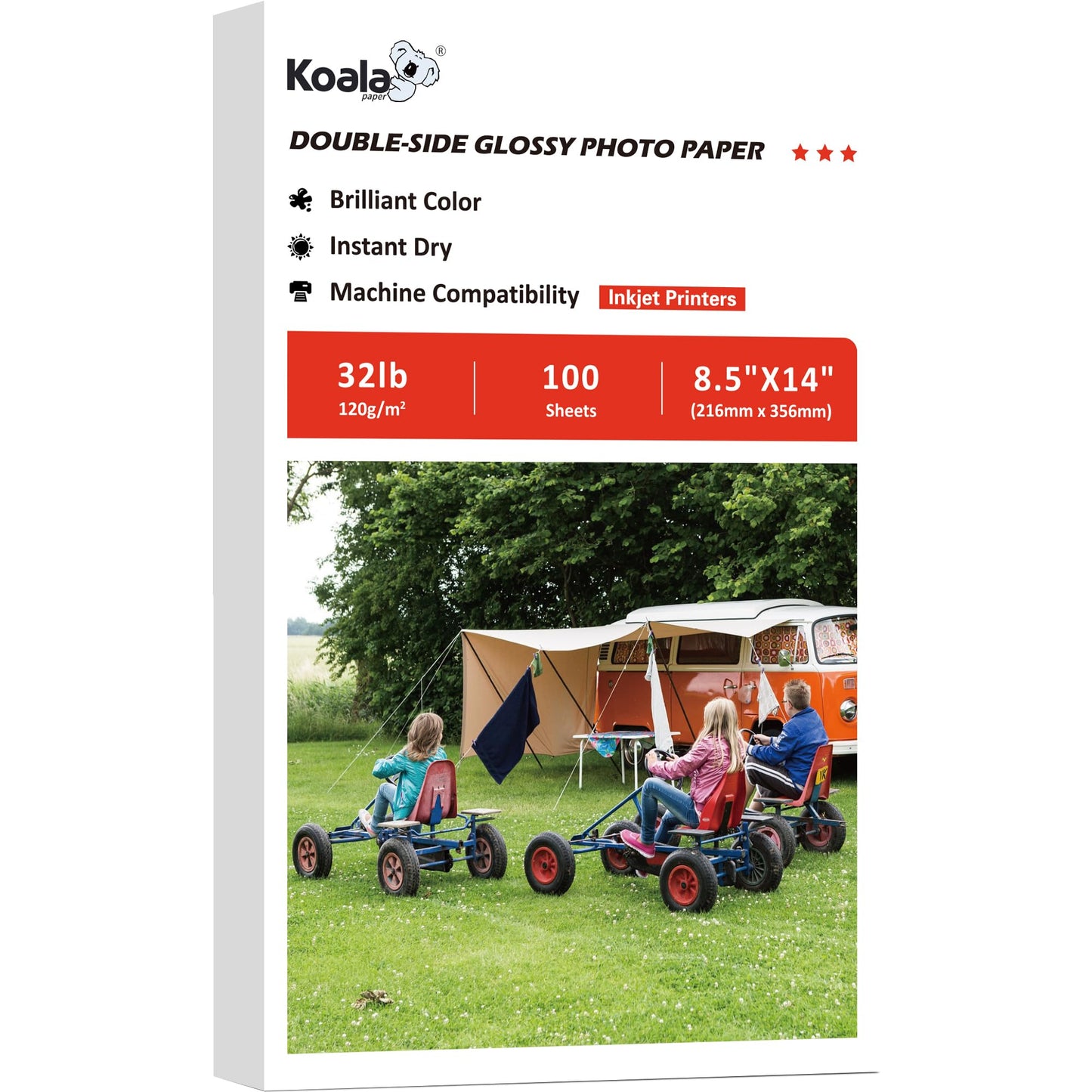 Koala Double Side Thin Glossy Photo Paper 8.5x14 Inches Legal Size 120gsm 100 Sheets Compatible with Inkjet Printer and Dye Ink 32LB