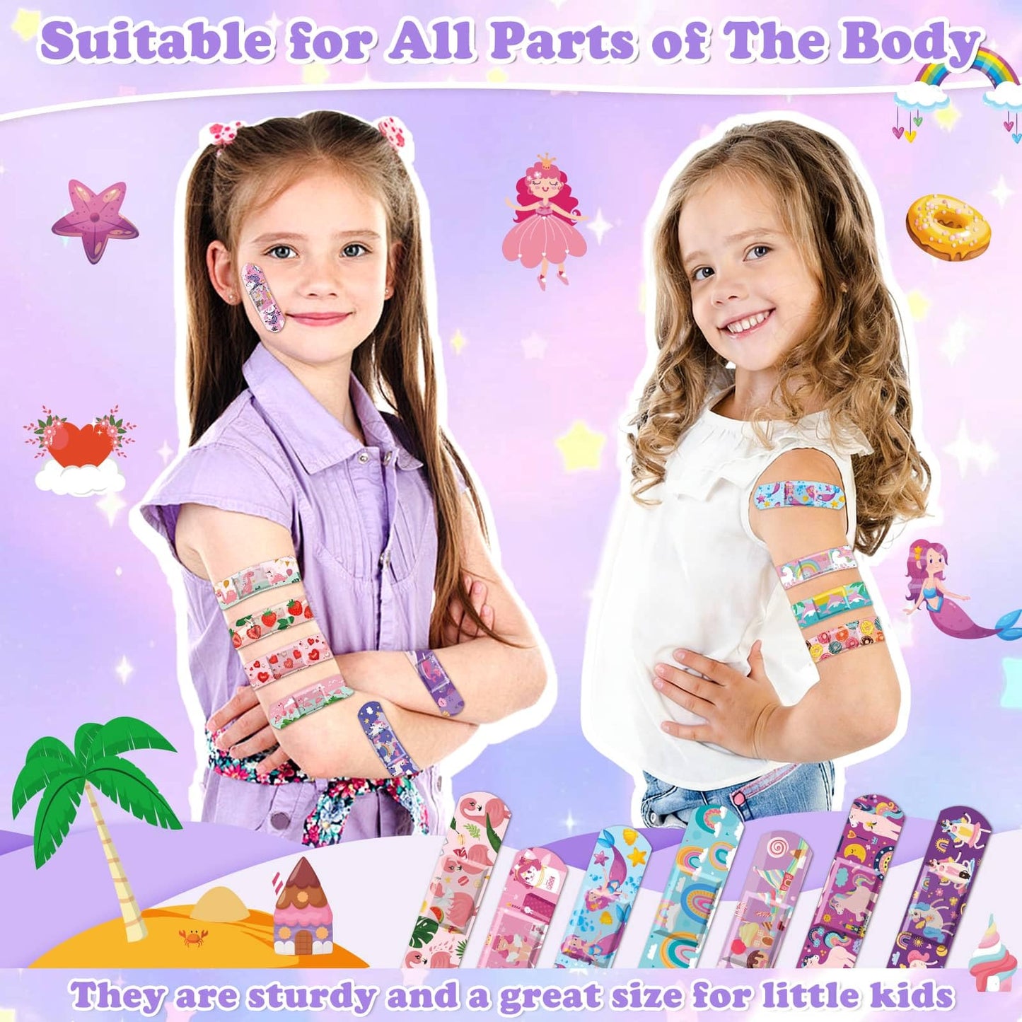 Flasoo 36 Styles Kids Cartoon Bandages 390 Pcs Girls Bandage Mermaid Bandage Pink Princess Bandages to Protect Scrapes and Cuts for Girls, Boys, Children, Toddlers
