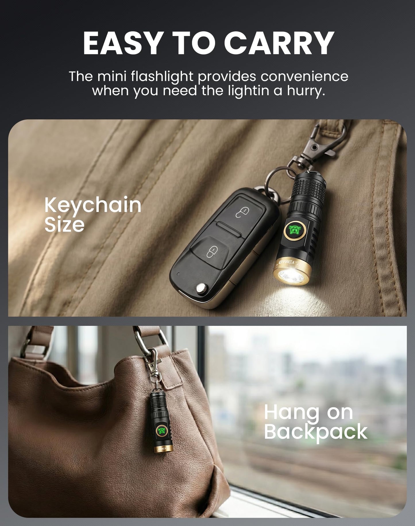 Yemao Rechargeable Keychain Flashlight with Chain, 600 Lumens Mini LED Flashlight,Small EDC Light Easy take with Pocket or Attach to Keyring, Bag, for Everyday Carry and Emergency(Mini)