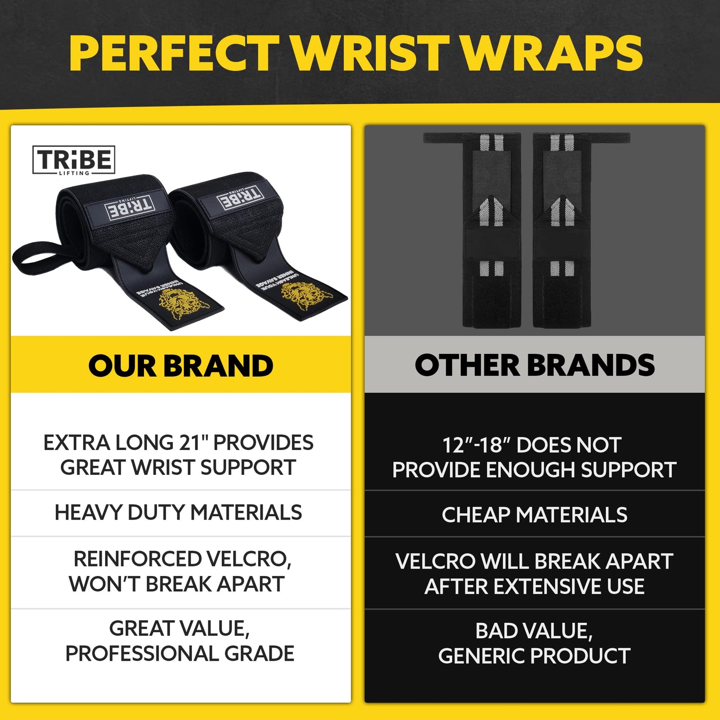 Tribe Lifting Wrist Wraps and Lifting Straps for Weightlifting - Heavy Duty Wrist Straps for Weightlifting Men - Gym Wrist Wraps for Bench Press, Deadlift Straps for Weight Lifting Accessories