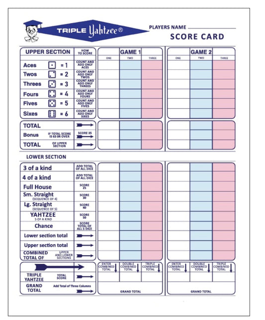 100 Premium Large Double Sided Triple Score Sheets Cards Pads for Yahtzee Game