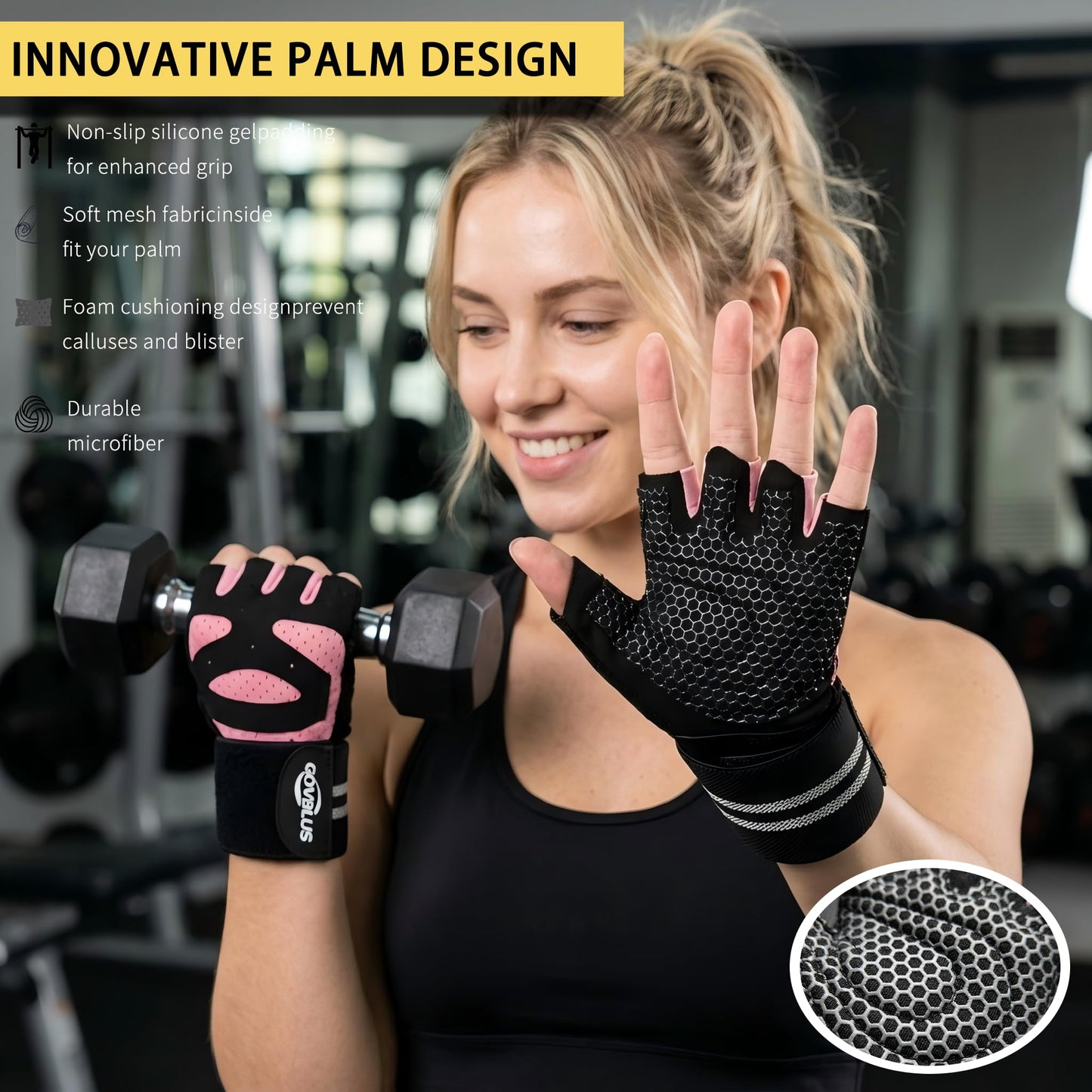 Govblus Workout Gloves for Men and Women with Wist Support, Exercise Gloves for Weight Lifting, Cycling, Gym Gear, Training, Fingerless, Breathable and Snug fit(Pink, Medium)