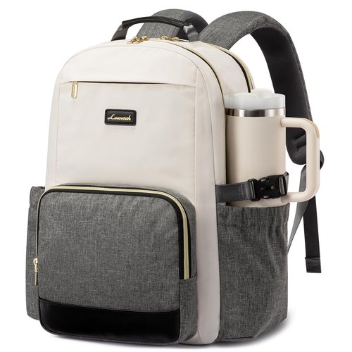 LOVEVOOK Laptop Backpack for Women with Pouch Pocket for Large Capacity Cup,15.6 Inch Laptop Computer Bag Travel Backpack Purse,Waterproof Work Business Backpack College Teacher Bags,Beige-Gray-Black