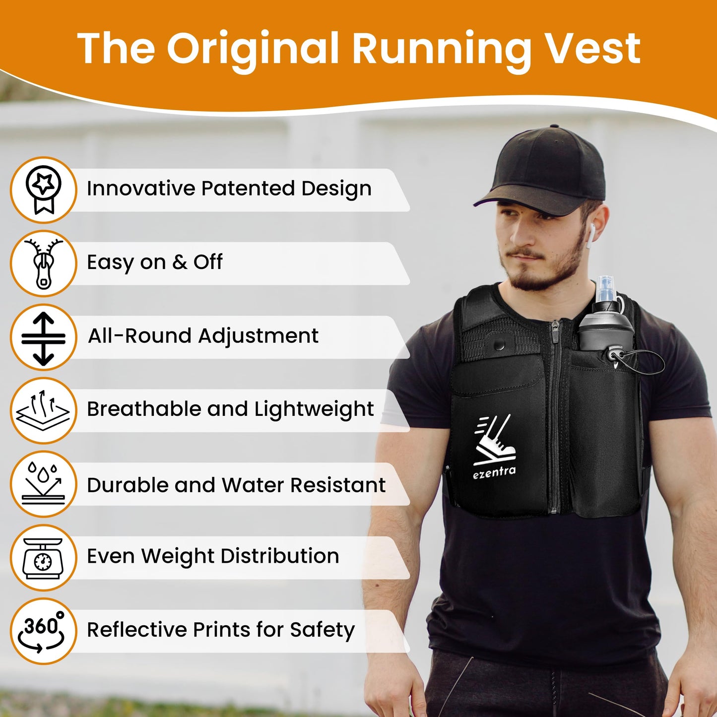 EZENTRA Running Vest Zip, Reflective Running Vests with 6 Pockets, 500ml Hydration Bottle, Adjustable Chest & Waistband, Breathable Material, Chest Pack Gear, Phone Holder, Men & Women,
