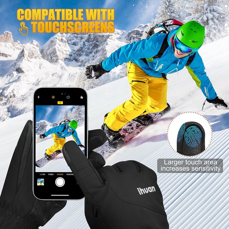 Waterproof Winter Gloves for Men & Women - Touchscreen, Thermal, Windproof - ihuan Black, Medium